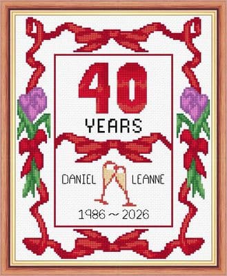 Ribbons + Tulips: 40th, Ruby Wedding Anniversary, 14 Count Cross Stitch Sampler Kit 8