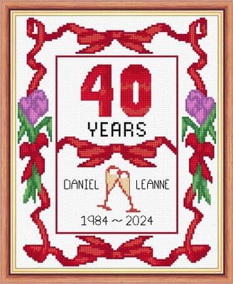 Ribbons + Tulips: 40th, Ruby Wedding Anniversary 1985~2025, 14 Count Cross Stitch Sampler Kit