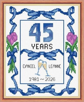 Ribbons + Tulips: 45th, Sapphire Wedding Anniversary, 14 Count Cross Stitch Sampler Kit 8