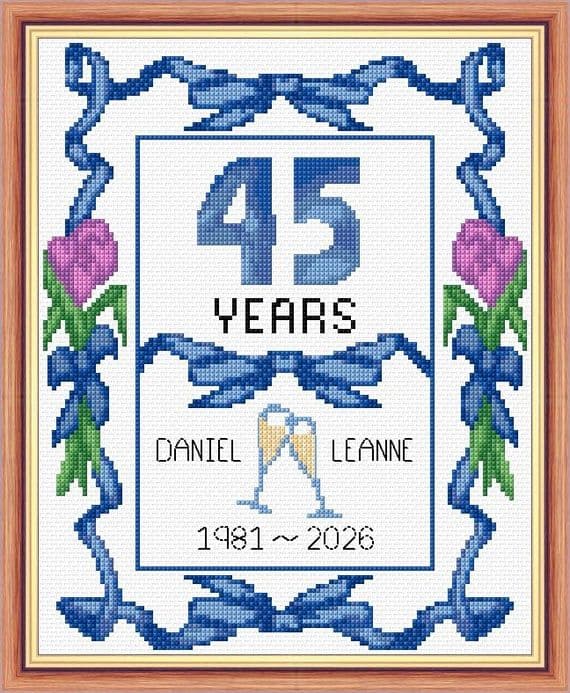 Ribbons + Tulips: 45th, Sapphire Wedding Anniversary, 14 Count Cross Stitch Sampler Kit 8