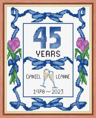 Ribbons + Tulips: 45th, Sapphire Wedding Anniversary 1980~2025, 14 Count Cross Stitch Sampler Kit