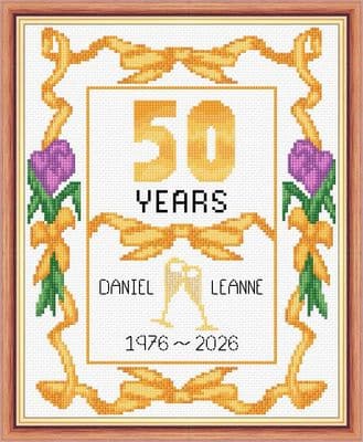 Ribbons + Tulips: 50th, Golden Wedding Anniversary, 14 Count Cross Stitch Sampler Kit 8