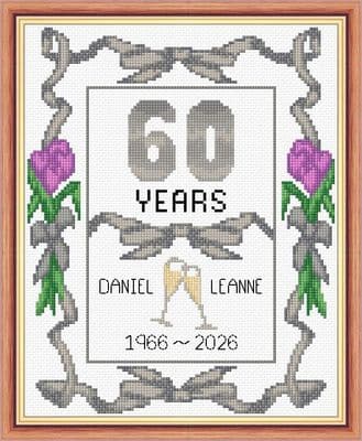 Ribbons + Tulips: 60th, Diamond Wedding Anniversary, 14 Count Cross Stitch Sampler Kit 8