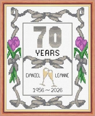Ribbons + Tulips: 70th, Platinum Wedding Anniversary, 14 Count Cross Stitch Sampler Kit 8