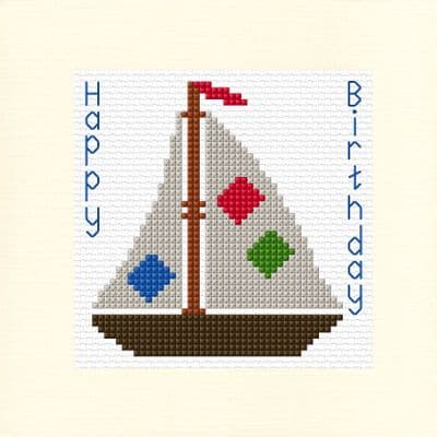 Cartoon Sailboat: Happy Birthday Cross Stitch Card Kit | 14ct Square 5.5