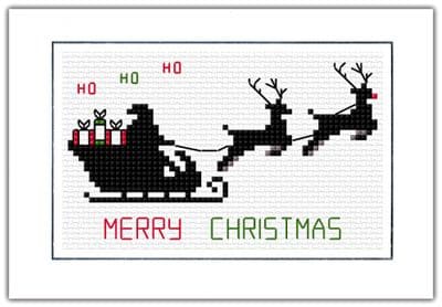 Santa & Reindeer, Black Silhouette: Merry | Happy Christmas Cross Stitch Card Kit | 14ct A6
