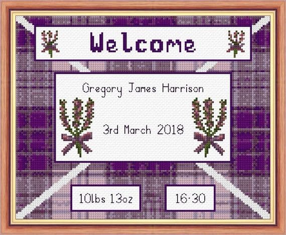 Scottish Heather  - Baby Boy/Girl Birth Sampler/Announcement - 14 Count Cross Stitch