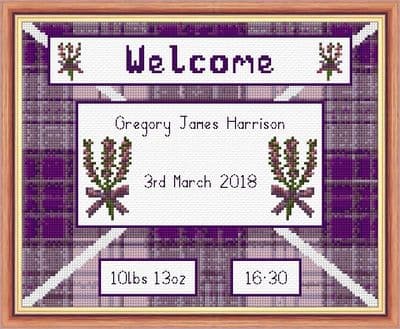 Scottish Heather, Baby Boy or Girl Birth Sampler: Counted Cross Stitch Kit | 14ct 10