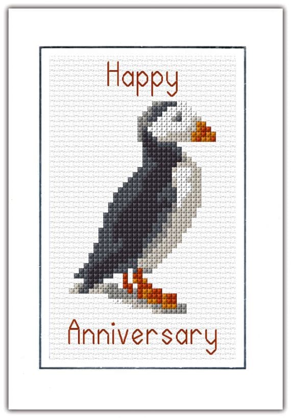 Scottish Puffin, Happy Anniversary  Card, 14 Count Cross Stitch Kit