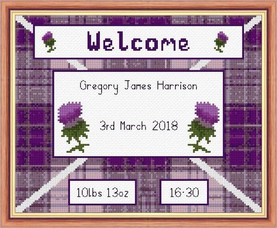 Scottish Thistle  - Baby Boy/Girl Birth Sampler/Announcement - 14 Count Cross Stitch
