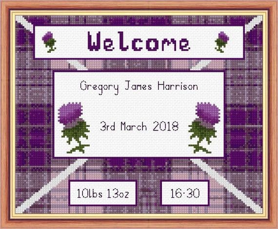 Scottish Thistle, Baby Boy or Girl Birth Sampler: Counted Cross Stitch Kit | 14ct 10