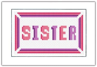 SISTER Block Wording: Pink & Purple Cross Stitch Card Kit | 14ct A6