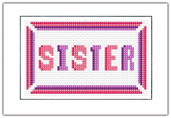 SISTER Block Wording: Pink & Purple Cross Stitch Card Kit | 14ct A6