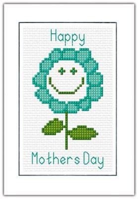 Smiley Daisy Flower: Happy Mothers Day Cross Stitch Card Kit (Aqua & Yellow) | 14ct A6