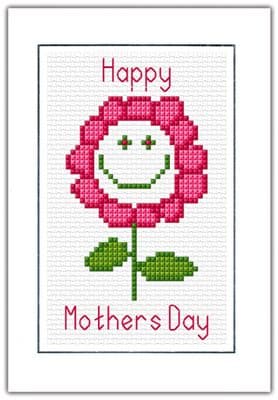 Smiley Daisy Flower: Happy Mothers Day Cross Stitch Card Kit (Pink & Red) | 14ct A6