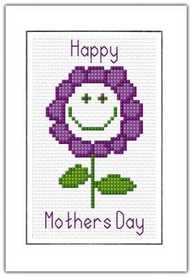 Smiley Daisy Flower: Happy Mothers Day Cross Stitch Card Kit (Purple & Blue) | 14ct A6