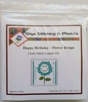 Smiley Flower (Aqua), Happy Birthday ~ 16 Count Coaster Cross Stitch Kit