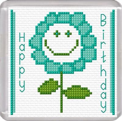 Smiley Flower (Aqua), Happy Birthday ~ 16 Count Coaster Cross Stitch Kit
