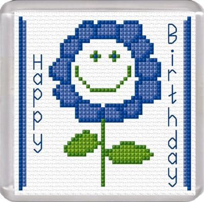 Smiley Flower (Blue), Happy Birthday ~ 16 Count Coaster Cross Stitch Kit