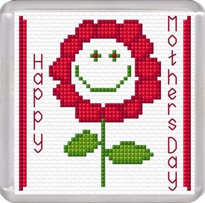 Smiley Flower Coaster: Happy Mothers Day (Red) Counted Cross Stitch Kit | 16ct 3.8