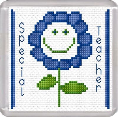 Smiley Flower Coaster: Special Teacher (Blue) Counted Cross Stitch Kit | 16ct 3.8