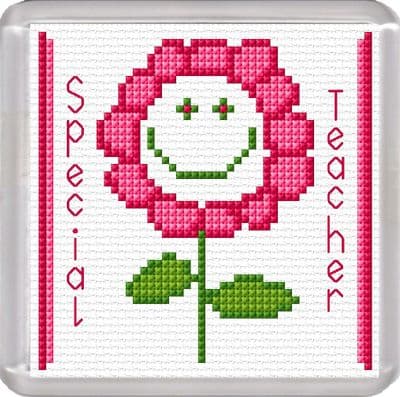 Smiley Flower Coaster: Special Teacher (Pink) Counted Cross Stitch Kit | 16ct 3.8