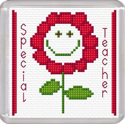 Smiley Flower Coaster: Special Teacher (Red) Counted Cross Stitch Kit | 16ct 3.8