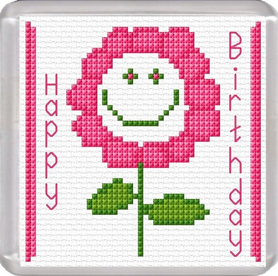 Smiley Flower (Pink), Happy Birthday ~ 16 Count Coaster Cross Stitch Kit