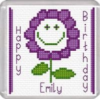 Smiley Flower (Purple), Happy Birthday ~ 16 Count Coaster Cross Stitch Kit