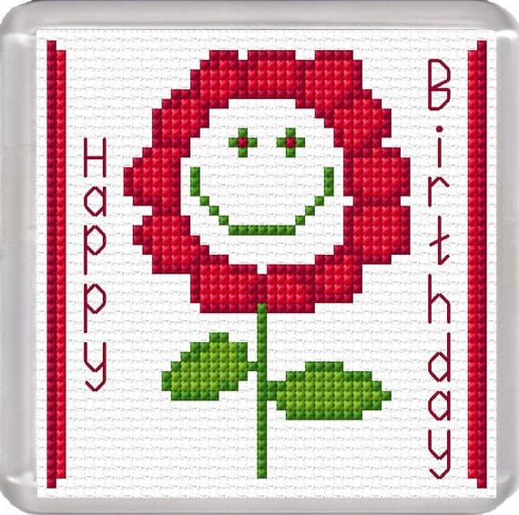 Smiley Flower (Red), Happy Birthday ~ 16 Count Coaster Cross Stitch Kit