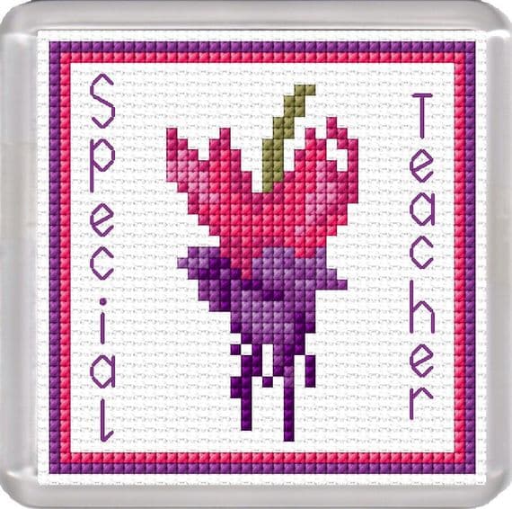 Special Teacher, Pink/Purple Fuchsia Flower ~ 14 Count Coaster Cross Stitch Kit