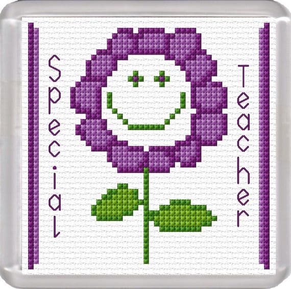 Special Teacher, Smiley Flower, Purple ~ 16 Count Coaster Cross Stitch Kit