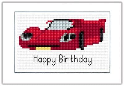 Sports Racing Car: Happy Birthday Cross Stitch Card Kit (Red, Blue, Green, Orange & Yellow) 14ct A6