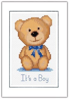 Teddy Bear, Blue Baby Birth Card ~ It's a Boy Design ~ 16 Count Cross Stitch Kit