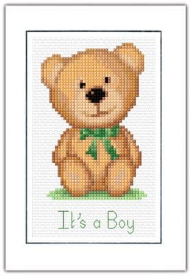 Teddy Bear, Green Baby Birth Card - It's a Boy/Girl Design - 16 Count Cross Stitch Kit