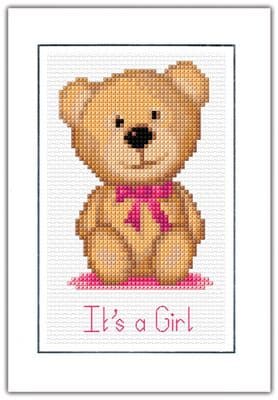 Teddy Bear, Pink Baby Birth Card ~ It's a Girl Design ~ 16 Count Cross Stitch Kit