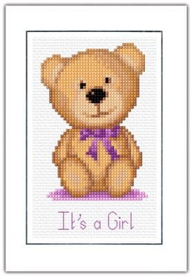 Teddy Bear, Purple Baby Birth Card - It's a Girl Design - 16 Count Cross Stitch Kit