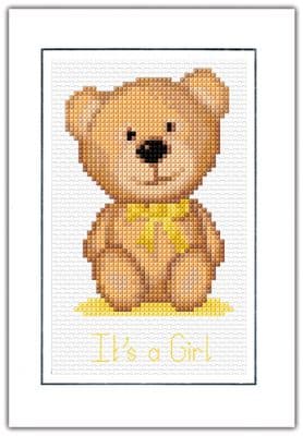 Teddy Bear, Yellow Baby Birth Card ~ It's a Girl/Boy Design ~ 16 Count Cross Stitch Kit