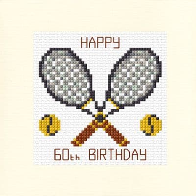 Tennis Rackets & Balls: Happy 60th Birthday Cross Stitch Card Kit | 14ct Square  5.5