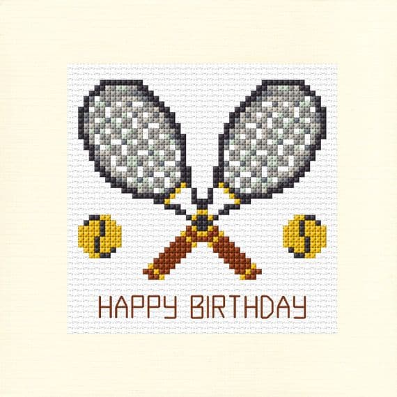 Tennis Rackets & Balls Happy Birthday Cross Stitch Card Kit