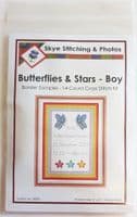 Butterflies & Stars, Border - Baby Boy/Girl Birth Sampler/Announcement - 14 Count Cross Stitch