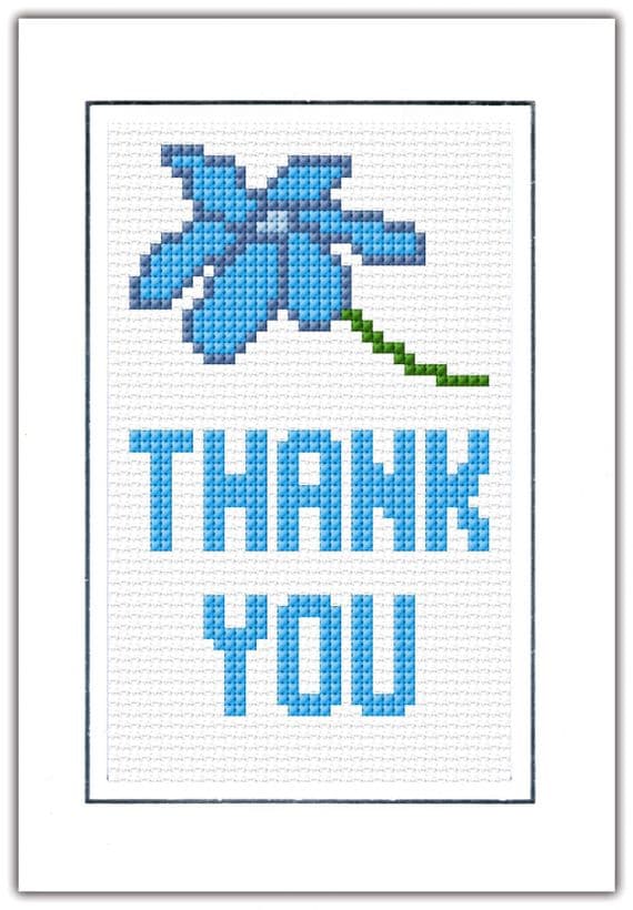 Thank You,  Blue Flower: Cross Stitch Card Kit | 14ct A6