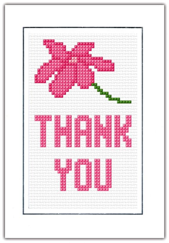 Thank You, Pink Flower Cross Stitch Card Kit | 14ct A6 | Skye Stitching