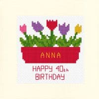 60th 70th Birthday Tulip Flower Box Cross Stitch Card Kit Square 14ct 5.5x5.5