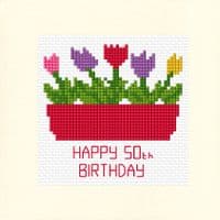 60th 70th Birthday Tulip Flower Box Cross Stitch Card Kit Square 14ct 5.5x5.5