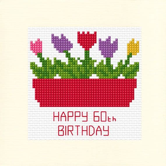 60th 70th Birthday Tulip Flower Box Cross Stitch Card Kit Square 14ct 5.5x5.5