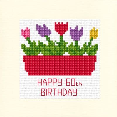 Tulips Flower Box: Happy 60th 70th Birthday Cross Stitch Card Kit | 14ct Square 5.5