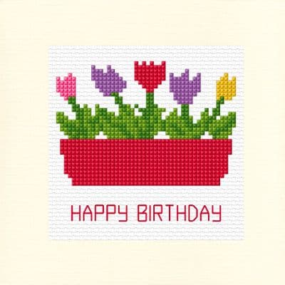 Tulips Flower Box: Happy Birthday Cross Stitch Card Kit | 14ct Square 5.5
