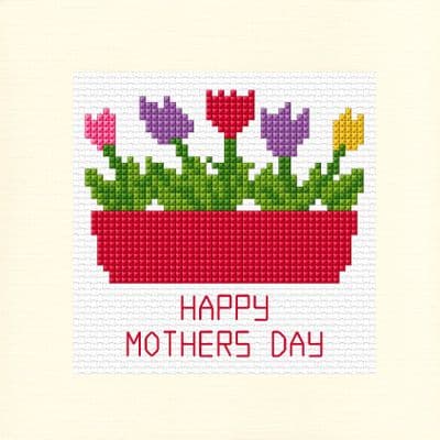 Tulips Flower Box: Happy Mothers Day Cross Stitch Card Kit | 14ct Square 5.5