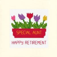 Happy Retirement Tulips & Red Flower Box Cross Stitch Card Kit 5.5 Square 14ct